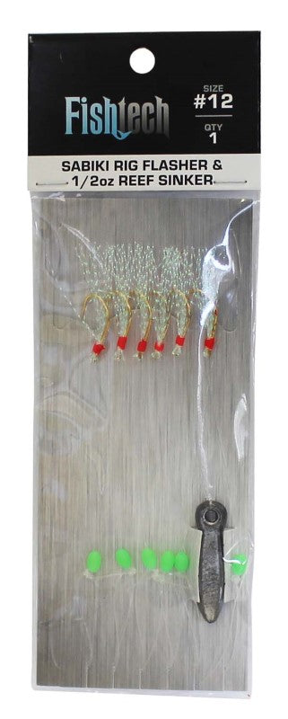 Fishtech Sabiki Rig with 5 sharp hooks and vibrant flashers, ideal for attracting and catching various fish species.