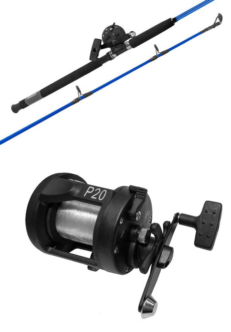 Fishtech 6ft Boat Combo with a robust fiberglass rod and overhead reel, pre-spooled for effortless fishing adventures.