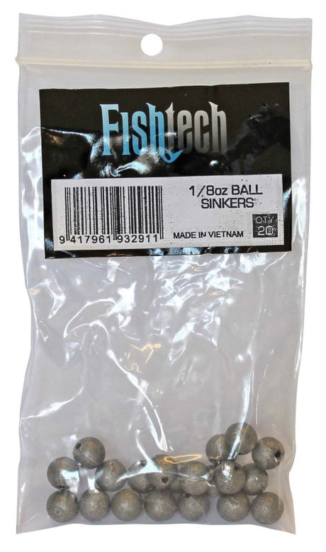 Fishtech Ball Sinkers 1/8 oz pack of 20, designed for precise casting and effective bait movement in water currents.