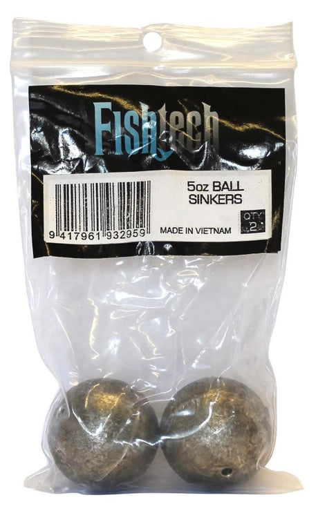 Fishtech Ball Sinkers 5oz in a pack of 2, designed for precision casting and natural bait movement in water currents.