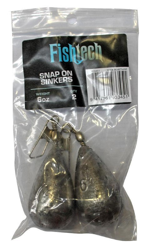 Fishtech Snap On Sinker 6oz, a versatile clip-on sinker for easy attachment, perfect for deep sea and freshwater fishing.