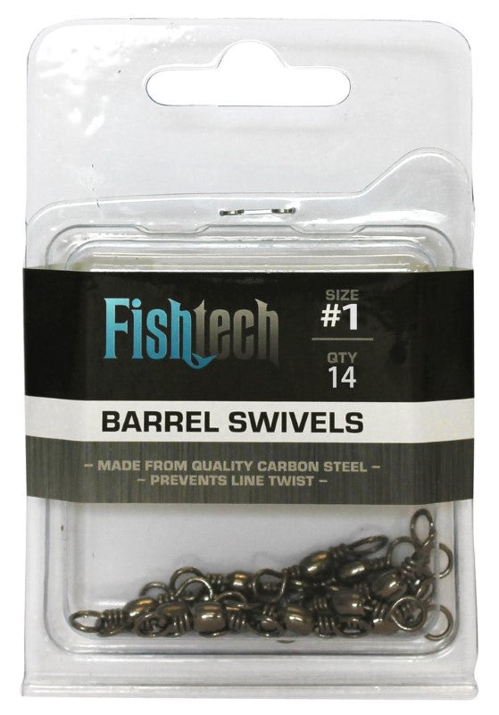 Fishtech #1 Barrel Swivels pack of 14, designed to minimize line twist and enhance lure action for improved fishing efficiency.