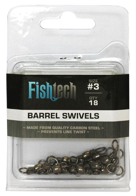 Pack of 18 Fishtech #3 Barrel Swivels designed to reduce line twist for smoother fishing experiences in freshwater and saltwater.