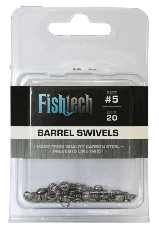 Fishtech #5 Barrel Swivels pack of 20, designed to minimize line twist for smooth casting in all fishing environments.