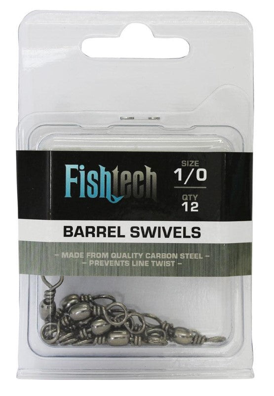 Fishtech 1/0 Barrel Swivels pack of 12, designed to reduce line twist for better fishing performance and reliability.