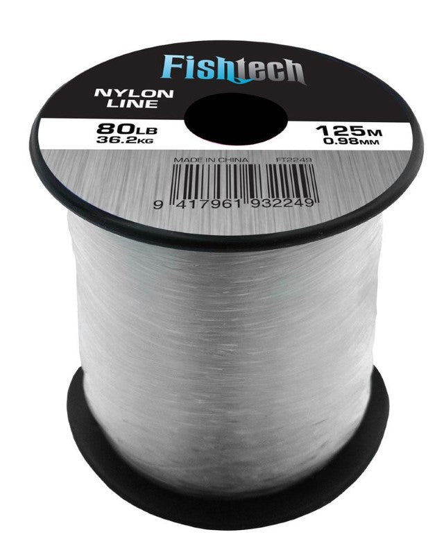 Fishtech 1/4 Pound Nylon Fishing Line Spool, 80lb strength, 125m length, durable for fresh and saltwater fishing.