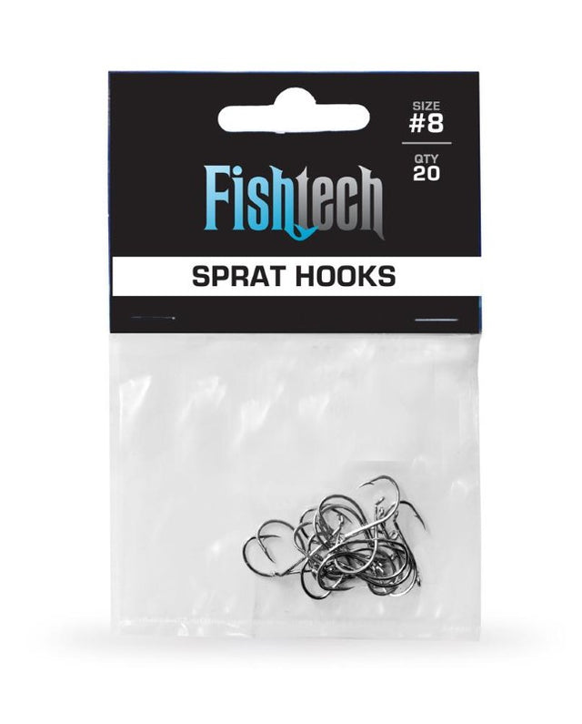 Fishtech #8 Sprat Hooks in a pack of 20, designed for targeting small fish with sharp, corrosion-resistant quality.