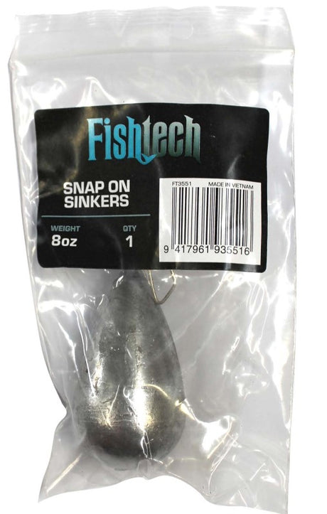 Fishtech Snap On Sinker 8oz, a versatile and durable clip-on sinker for trolling and bottom fishing, ideal for all anglers.