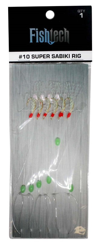 Fishtech #10 Super Sabiki Rig with five sharp hooks and vibrant flashers, ideal for attracting baitfish while fishing.