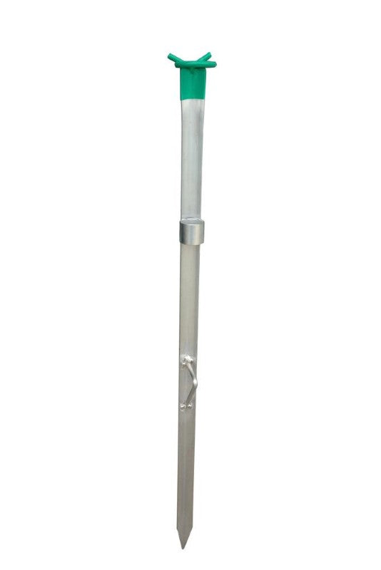 Lightweight 1.2m aluminium beach spike with foot stirrup for hands-free beach fishing and rod elevation above waves.