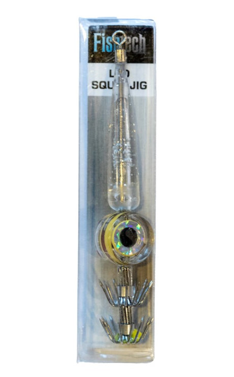 Fishtech LED Squid Jig in White with LED eye and sharp hooks, perfect for attracting squid during night fishing.