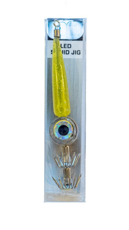 Bright yellow Fishtech LED squid jig with flashing eye and sharp double hooks, perfect for attracting squid while fishing.