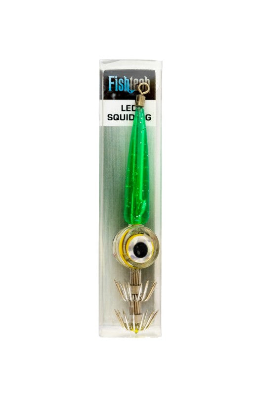 Fishtech LED Squid Jig in vibrant green with flashing LED eye and sharp double hooks, designed for effective squid fishing.