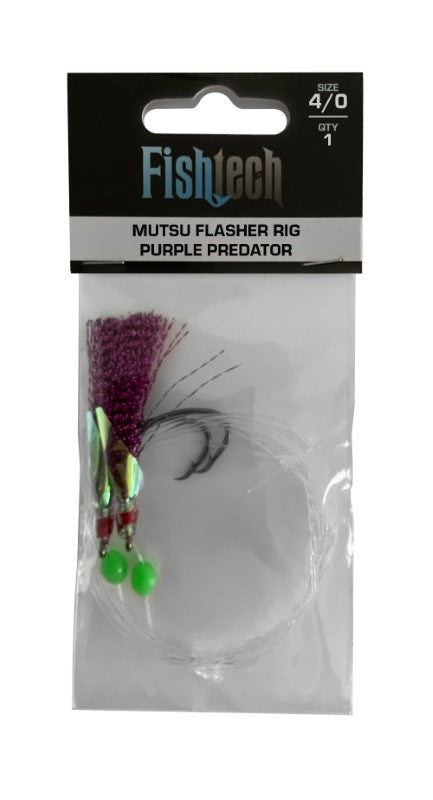 Purple Predator flasher rig with Mutsu hooks, designed for effective fishing and better catch-and-release practices.