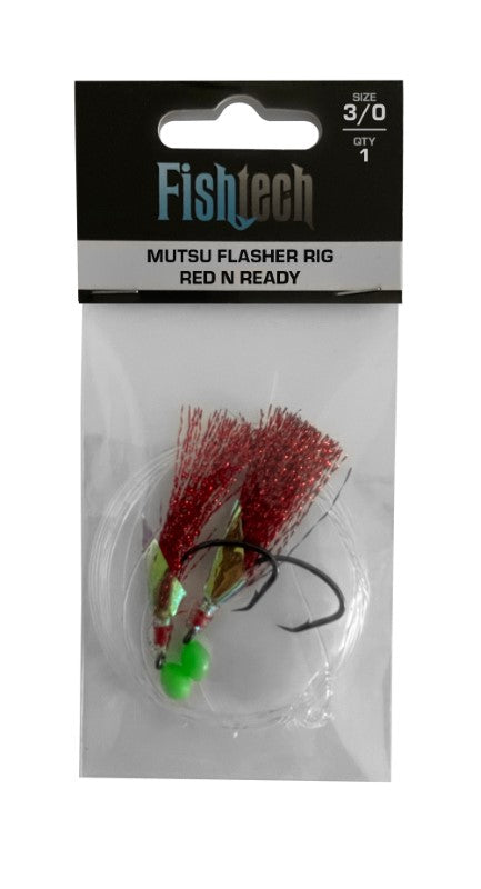 Fishtech 3/0 Mutsu Economy Flasher Rig in vibrant red, designed for versatile fishing with high-quality hooks.