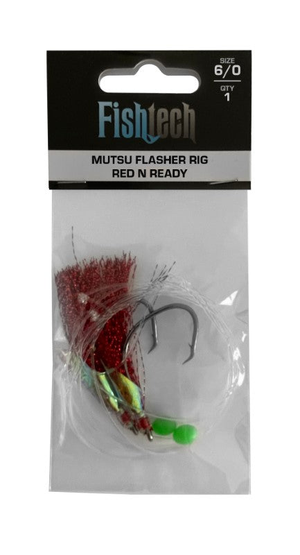 Fishtech 6/0 Mutsu Economy Flasher Rig - Red n Ready designed for effective fishing with vibrant red color and chemically sharpened hooks.