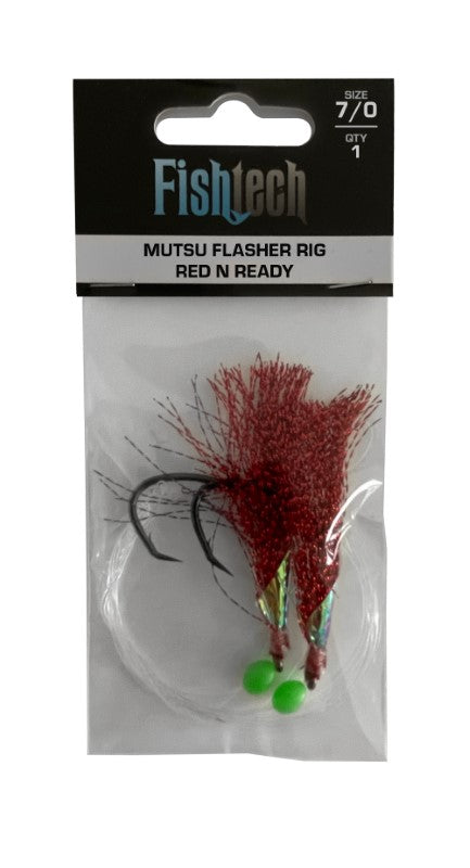 Bright red flasher rig with self-setting Mutsu hooks, designed for effective fishing in various conditions.