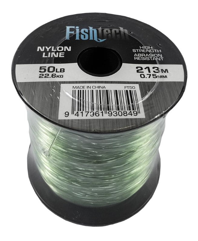 Fishtech 50lb nylon fishing line spool, 213m, durable for freshwater and saltwater use, ideal for serious anglers.