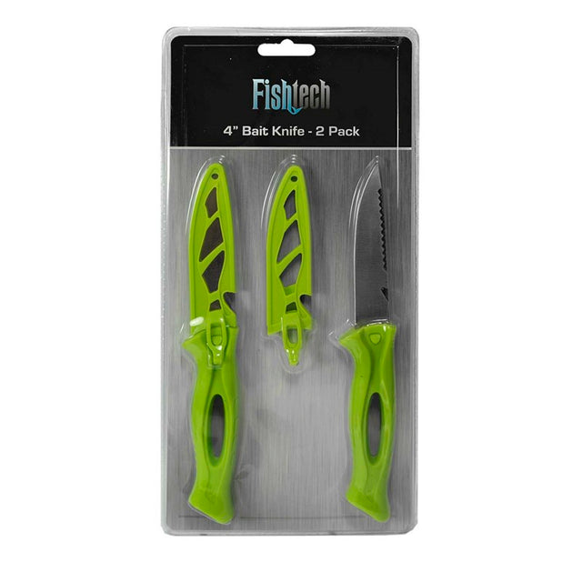 Two 4-inch stainless steel bait knives with ergonomic handles for comfortable use, ideal for all fishing conditions.