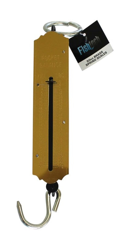 Fishtech Brass Spring Scales 50kg, featuring a clear dial, compact design, and durable build for accurate fish weighing.