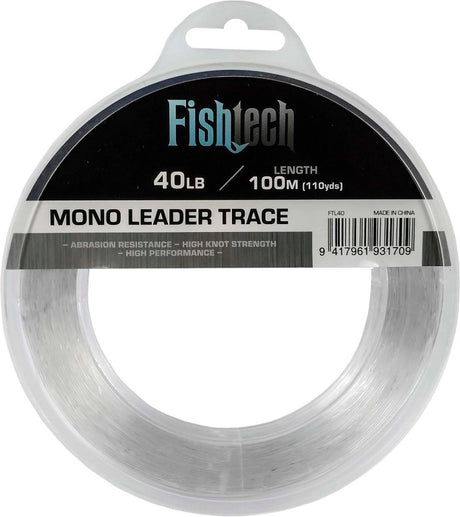 Fishtech Hi Tensile Leader 40lb, 100m fishing line with superior strength, flexibility, and abrasion resistance for serious anglers.