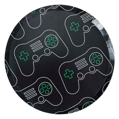 Game Controller Paper Plates featuring vibrant green highlights, perfect for snacks during gaming parties, pack of 8.