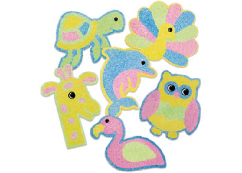 Colorful sand-infused adhesive shapes for creative crafting fun, ideal for kids' arts and crafts activities.