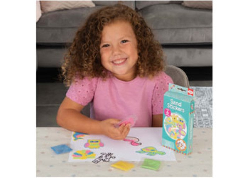 Colorful sand stickers for kids' crafts, promoting creativity and fine motor skills while adding texture to projects.