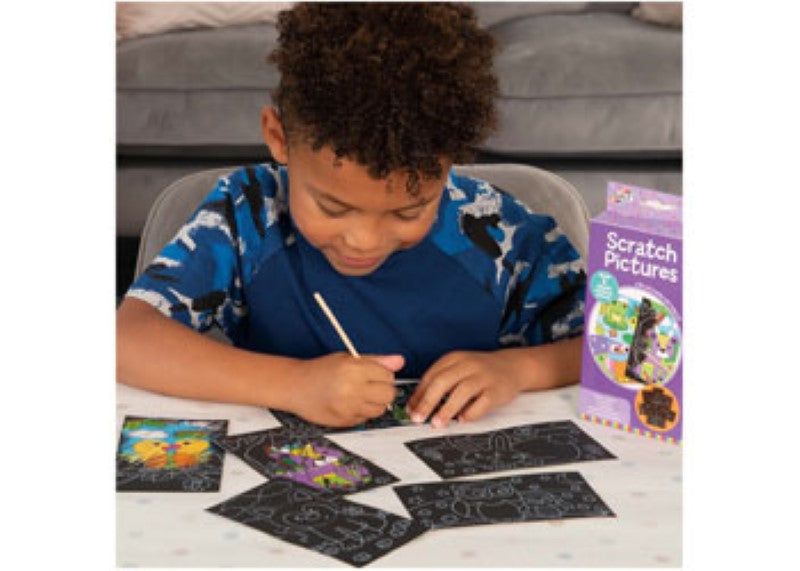 Galt Mini Makes Scratch Pictures kit featuring vibrant colors for kids to create art by scratching off black surfaces.