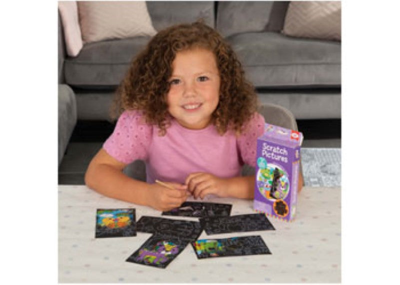 Galt Mini Makes Scratch Pictures kit for kids featuring black surface to scratch off and reveal vibrant colors underneath.