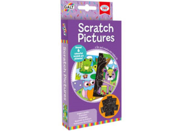 Galt Mini Makes Scratch Pictures kit, featuring themed scratch art to reveal vibrant colors for creative play.