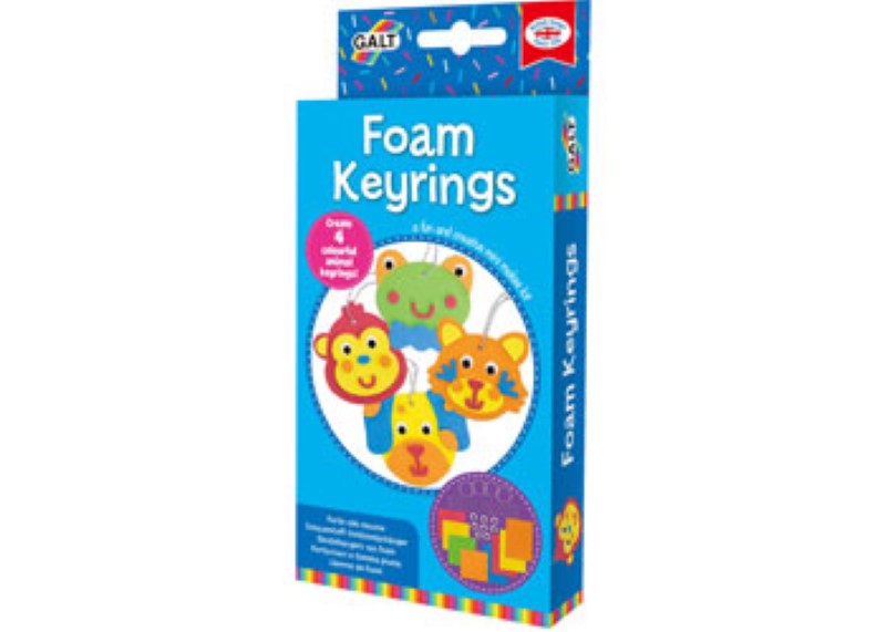 Colorful foam keyrings craft kit for kids aged 5+, promoting creativity and fine motor skills through personalized designs.