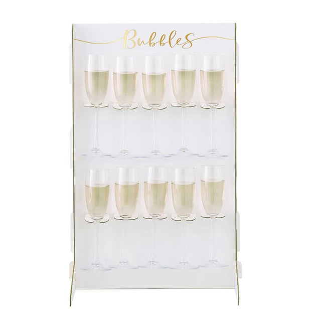 Gold Wedding Prosecco Wall, 60cm tall, elegantly holds 10 glasses for celebrations, crafted from durable cardboard.