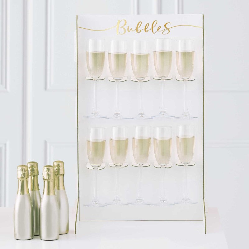 Gold Wedding Prosecco Wall, 60cm tall, lightweight cardboard drink holder for 10 glasses, perfect for celebrations and toasting.