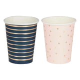 Gold foiled pink and navy cups pack, with 4 pink dot and 4 blue stripe designs, perfect for gender reveal parties.