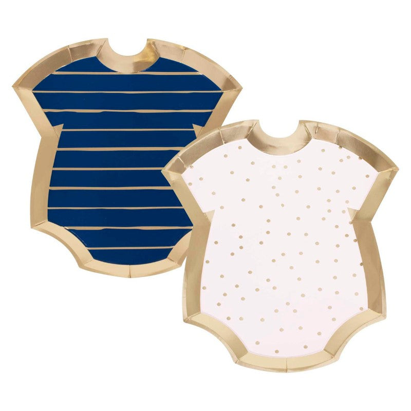 Gold foiled pink and navy baby grow-shaped plates, perfect for gender reveal parties, pack of 8 measuring 27cm x 24cm.