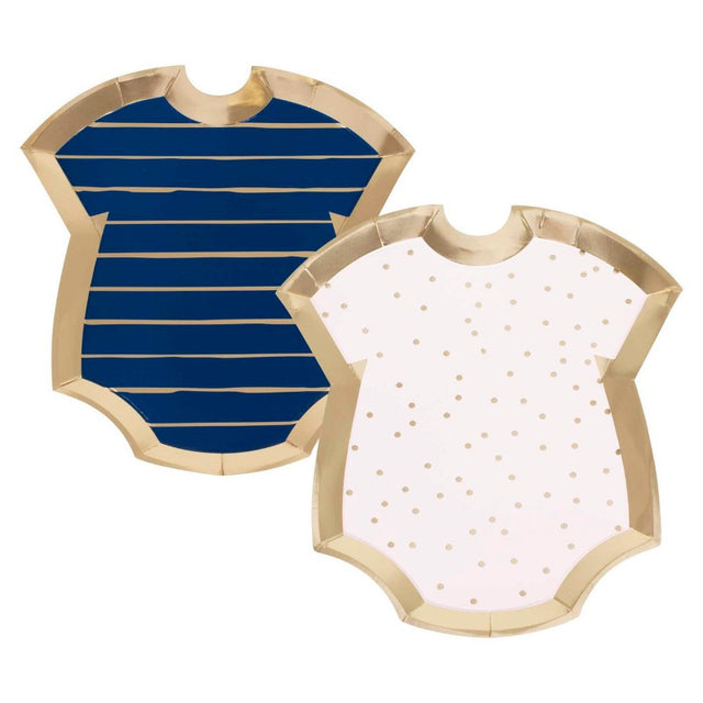 Gold foiled pink and navy baby grow-shaped plates, perfect for gender reveal parties, pack of 8 measuring 27cm x 24cm.