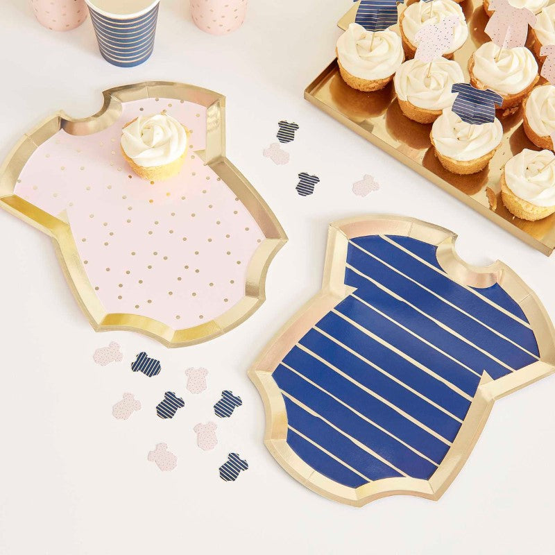 Gold foiled pink and navy baby grow-shaped plates, perfect for gender reveal parties, pack of 8, 27cm x 24cm.