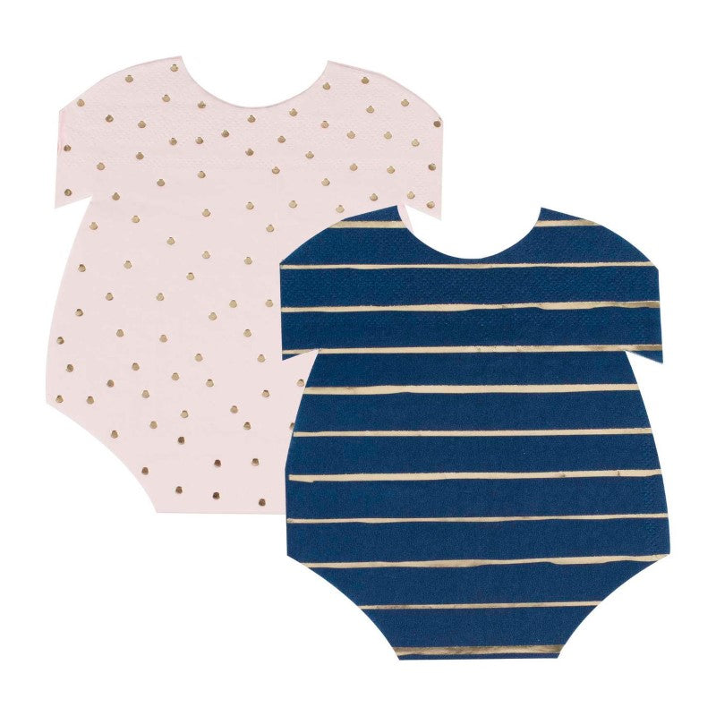 Gold foiled pink and navy baby grow shaped napkins, pack of 16, perfect for elegant gender reveal parties.