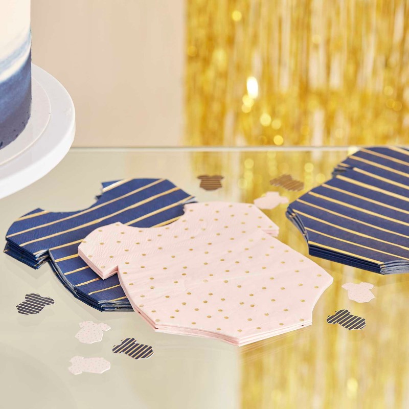 Gold foiled pink and navy baby grow shaped napkins for gender reveal parties, 16-pack, stylish and functional decor.