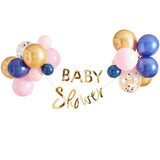 Gold foiled 'Baby Shower' bunting with 28 colorful balloons for elegant gender reveal celebrations.