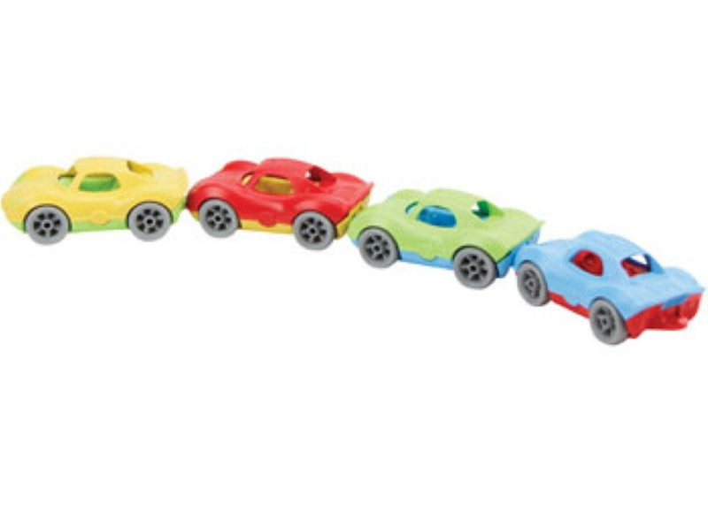 Eco-friendly stackable racing cars made from recycled plastic, promoting creativity and safe play for children.