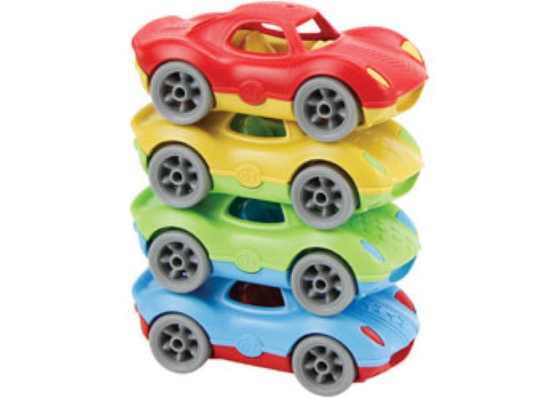 Colorful stackable racing cars made from 100% recycled plastic, promoting imagination and fine motor skills in kids.