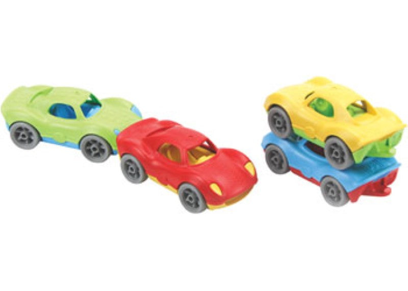 Colorful stacking and linking toy cars made from recycled plastic, promoting creativity and fine motor skills in children.