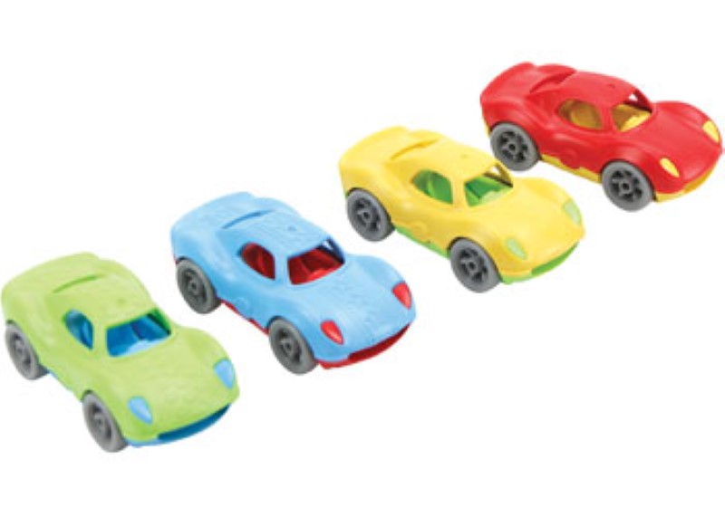 Colorful stackable racing cars made from 100% recycled plastic, promoting creativity and fine motor skills for children.