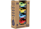 Colorful stackable racing cars made from 100% recycled plastic, encouraging creativity and fine motor skill development.