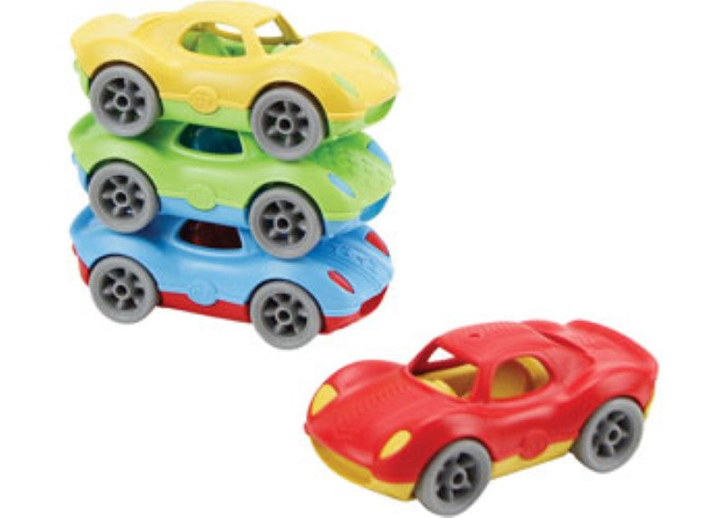 Eco-friendly stackable racing cars in vibrant colors, made from 100% recycled plastic for imaginative play.