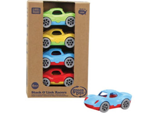 Eco-friendly stackable racing cars made from 100% recycled plastic, promoting creativity and fine motor skills for kids.