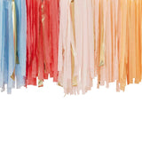 Pastel rainbow ceiling steamers with gold accents, ideal for enhancing celebratory decor at parties and events.