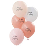 Pack of 5 muted pastel balloons with 'Happy Everything' print, perfect for celebrations like birthdays and baby showers.